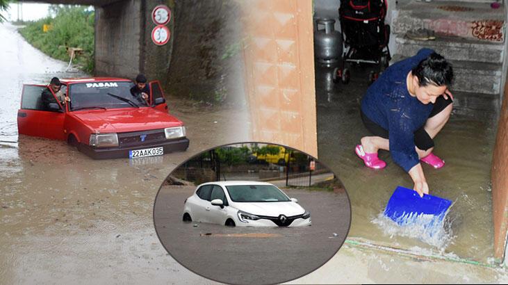 Edirne'de kuvvetli yağmur; meskenleri su bastı, araçlar yolda kaldı